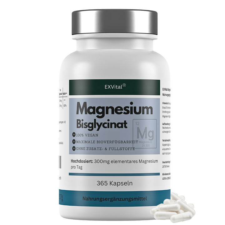 Magnesiumbisglycinat, hochdosiert 1365mg pro Tagesdosis, 365 vegane Kapseln von Exvital