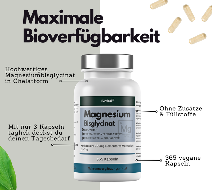 Magnesiumbisglycinat, hochdosiert 1365mg pro Tagesdosis, 365 vegane Kapseln von Exvital