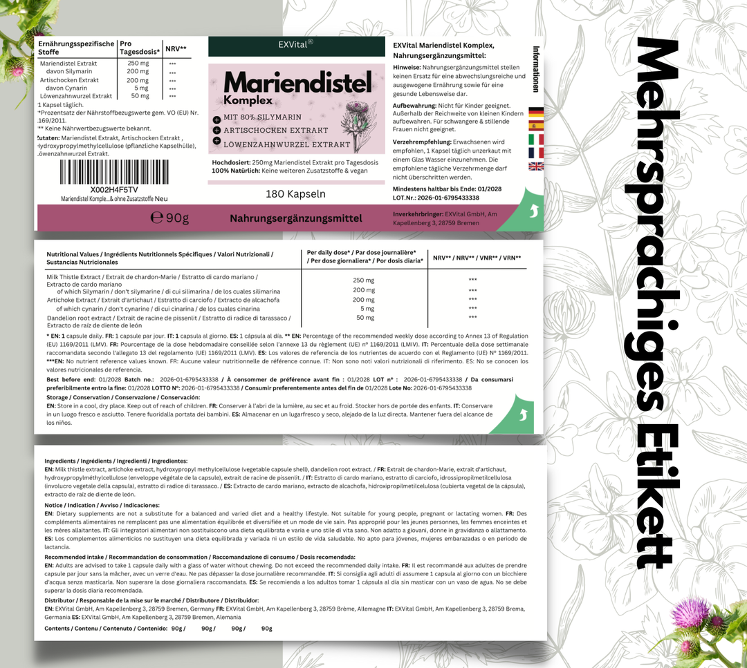 Mariendistel Komplex Kapseln mit Artischocke &amp; Löwenzahn, 180 Stück von EXVital