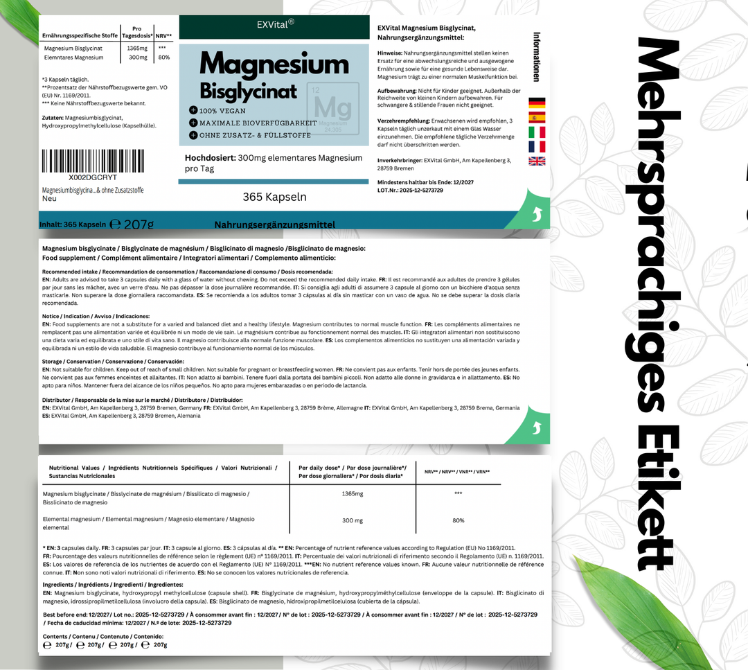 Magnesiumbisglycinat, hochdosiert 1365mg pro Tagesdosis, 365 vegane Kapseln von Exvital