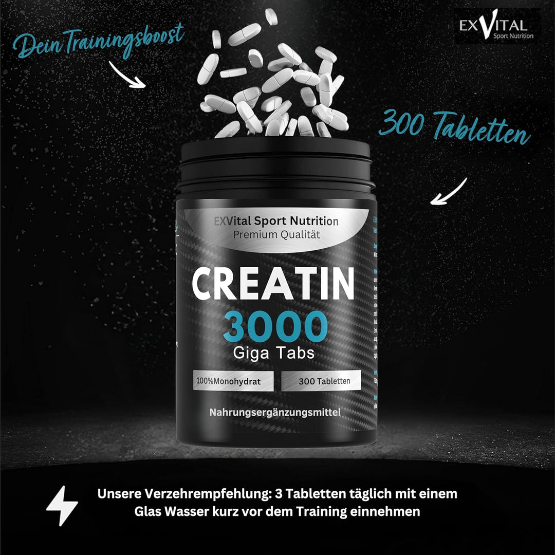 Creatin Monohydrat 3000 Giga Tabs von EXVital Sport Nutrition 300 Tabletten Kreatin