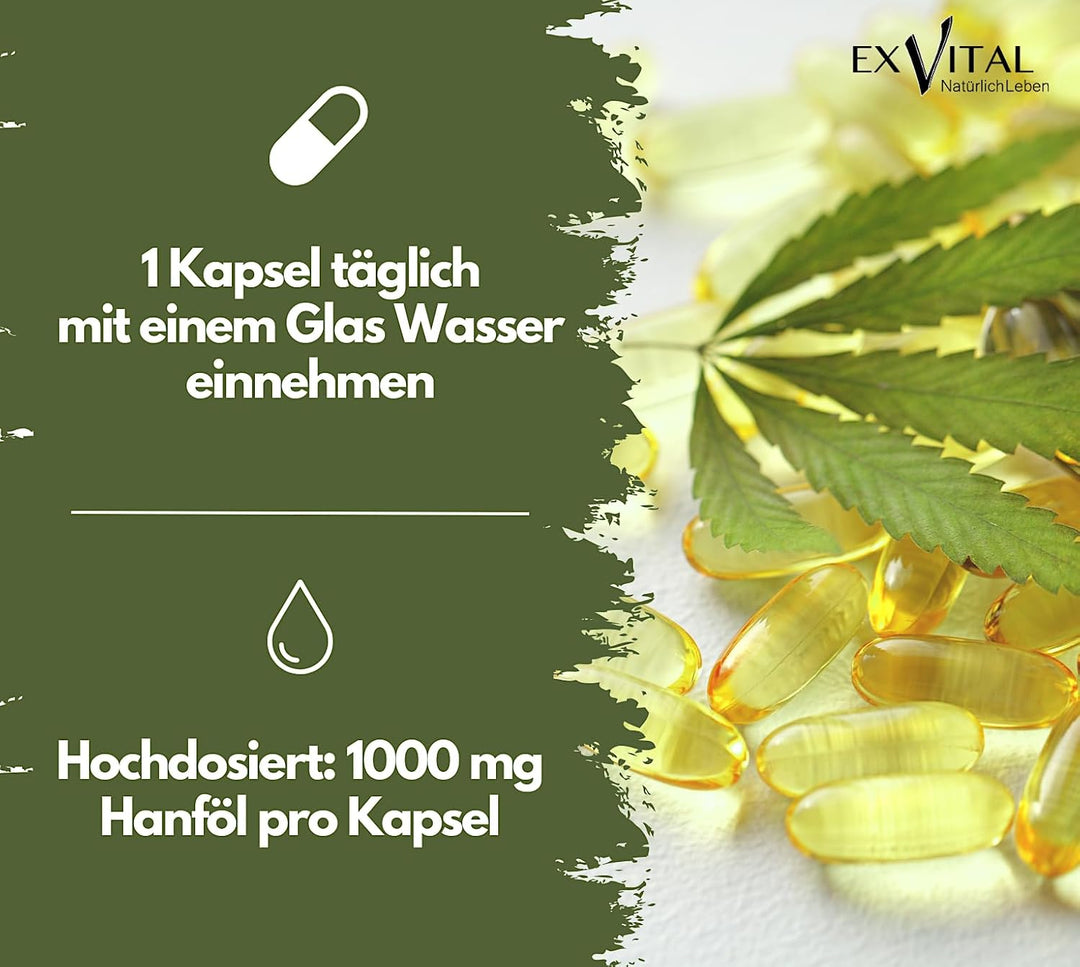 Hanföl Kapseln hochdosiert mit 1000mg Hanfsamenöl, Omega 3 und Omega 6