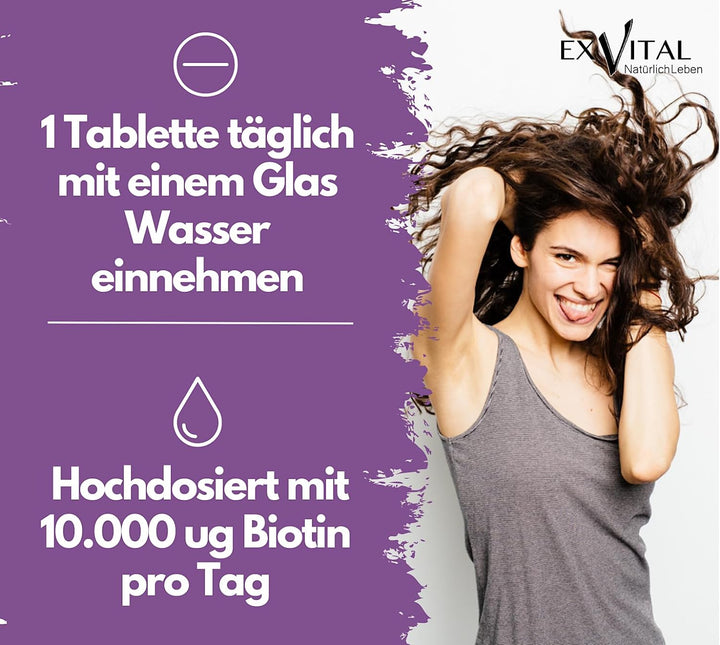 Biotin für Haare, Haut und Fingernägel hochdosiert von EXVital, 365 Tabletten