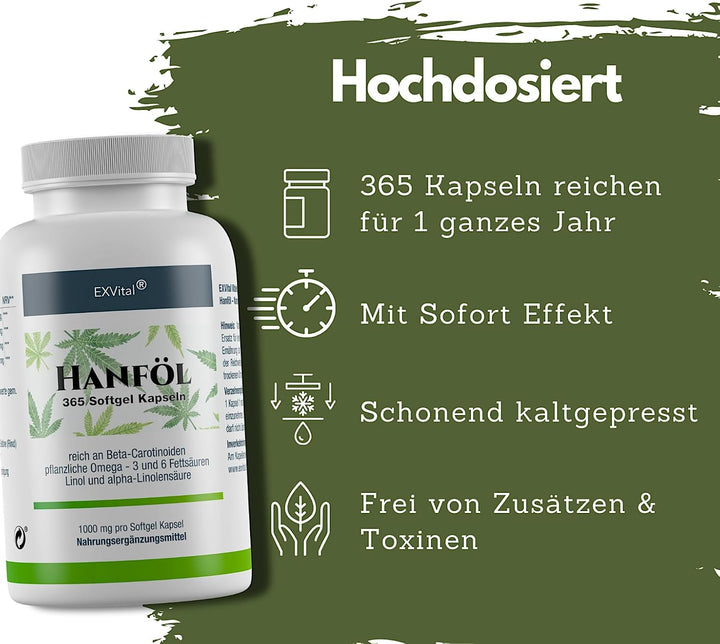 Hanföl Kapseln hochdosiert mit 1000mg Hanfsamenöl, Omega 3 und Omega 6
