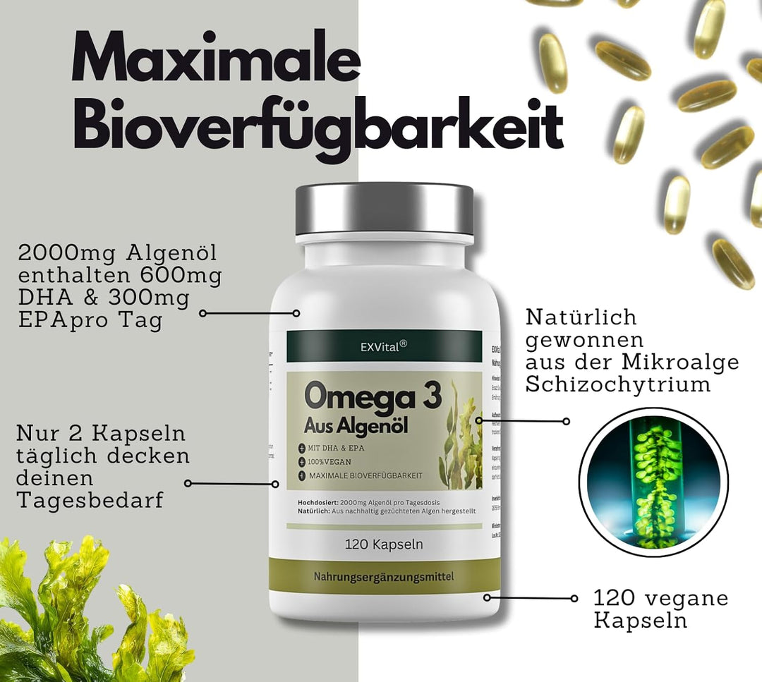 Omega 3 aus Algenöl, 120 Softgel Kapseln, 2000mg pro Tag von EXVital