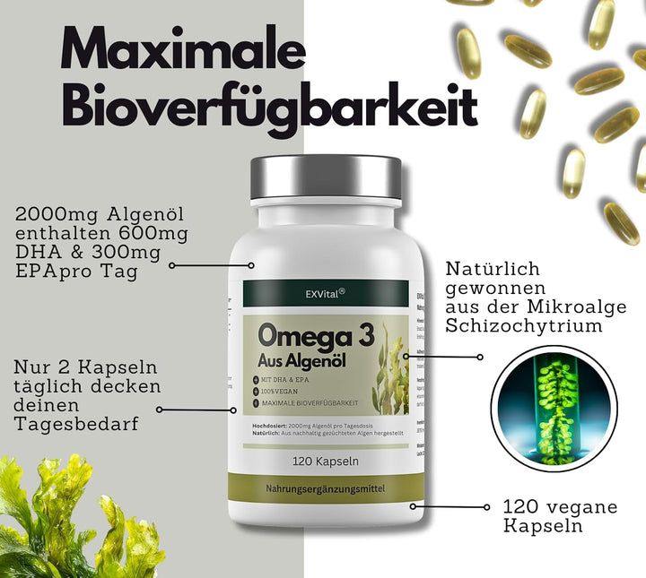 Omega 3 aus Algenöl, 120 Softgel Kapseln, 2000mg pro Tag von EXVital