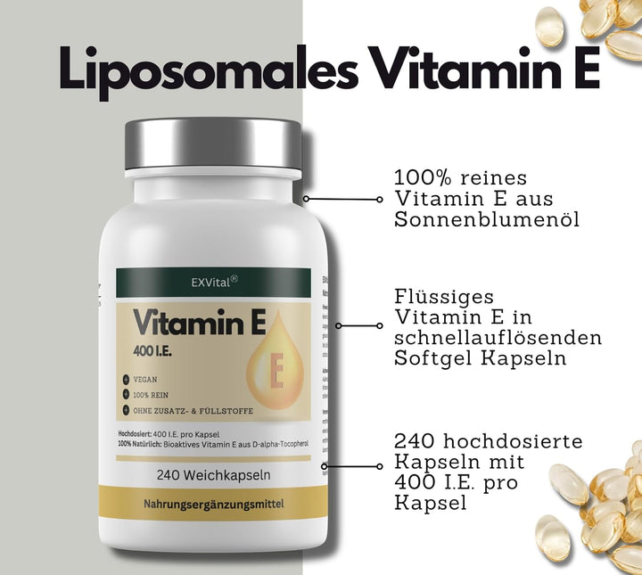 Vitamin E Softkapseln, hochdosiert mit 400 I.E., 240 Stück von EXVital