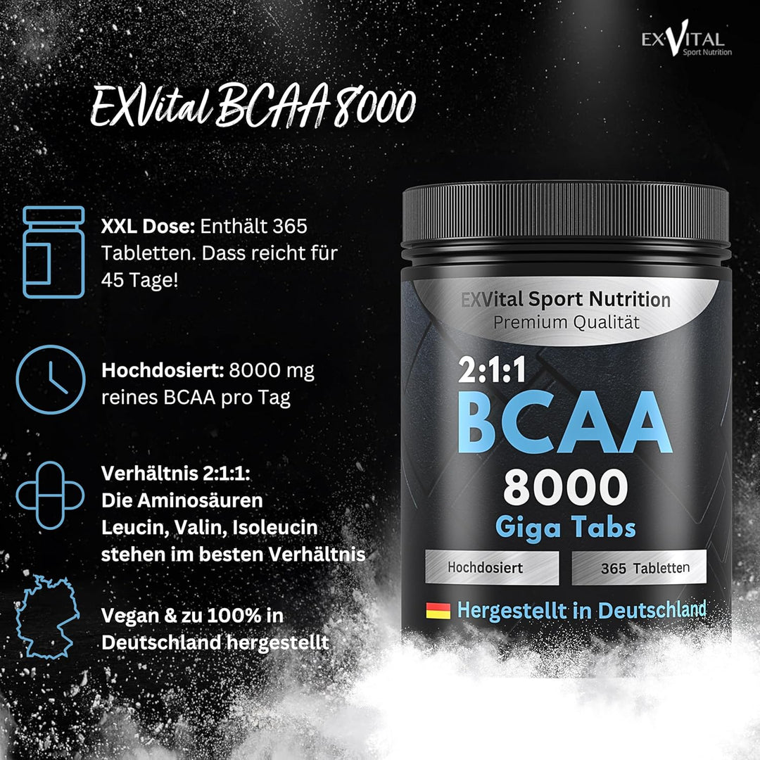 BCAA 8000 Giga Tabs, 365 Tabletten Amino Komplex von EXVital