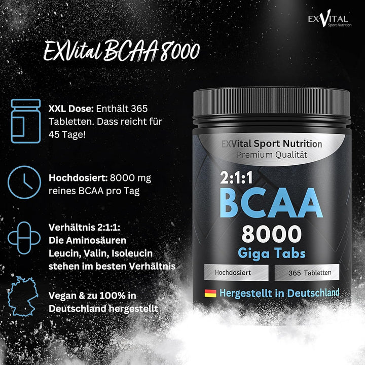 BCAA 8000 Giga Tabs, 365 Tabletten Amino Komplex von EXVital