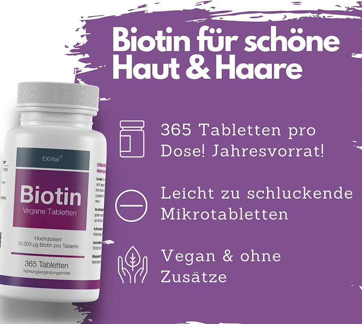 Biotin für Haare, Haut und Fingernägel hochdosiert von EXVital, 365 Tabletten