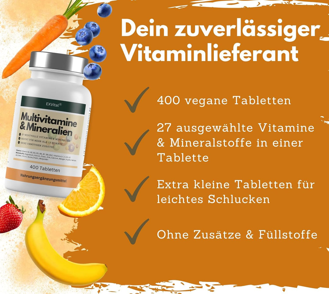 Multivitamin Tabletten, 27 Vitamine &amp; Mineralien, 400 Stück von EXVital