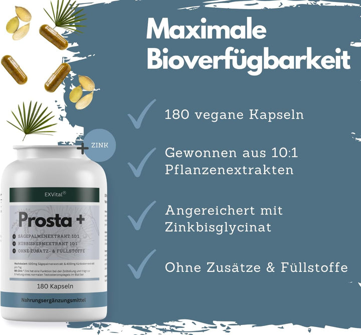 Prosta+ Kapseln mit Sägepalmen-, Kürbiskernextrakt &amp; Zink, 180 Stück von EXVital