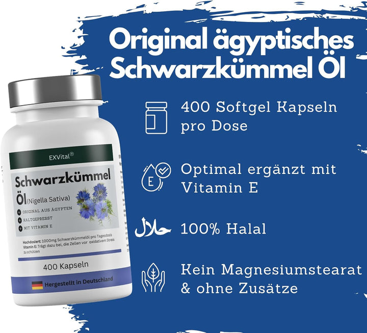 Schwarzkümmelöl, aus ägyptischen Anbau von EXVital, 400 Softgel Kapseln
