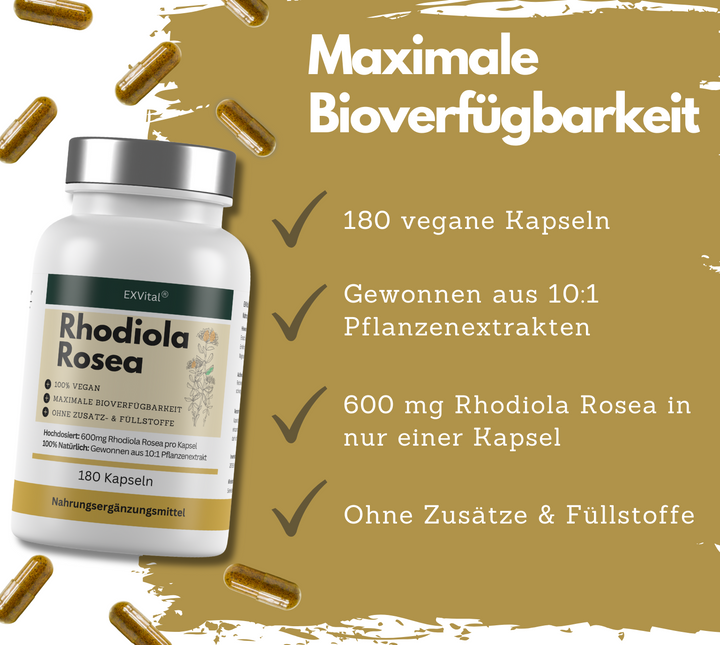 Rhodiola Rosea, hochdosiert 6000mg Tagesdosis, 180 vegane Kapseln von EXVital
