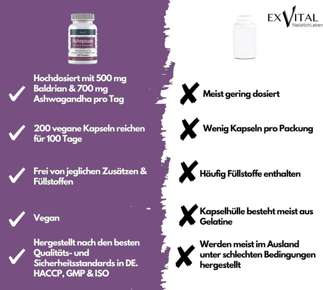 Ruhepause, mit Baldrian &amp; Ashwagandha, 200 hochdosierte Kapseln von EXVital
