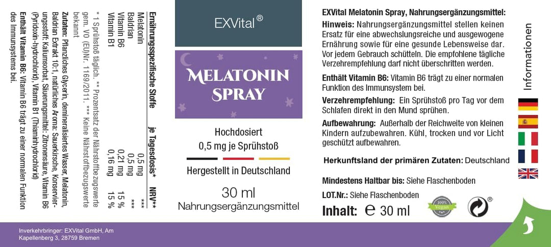 Melatonin Schlafspray mit Baldrian, Vitamin B1+ B6 30 ml Sprühflasche