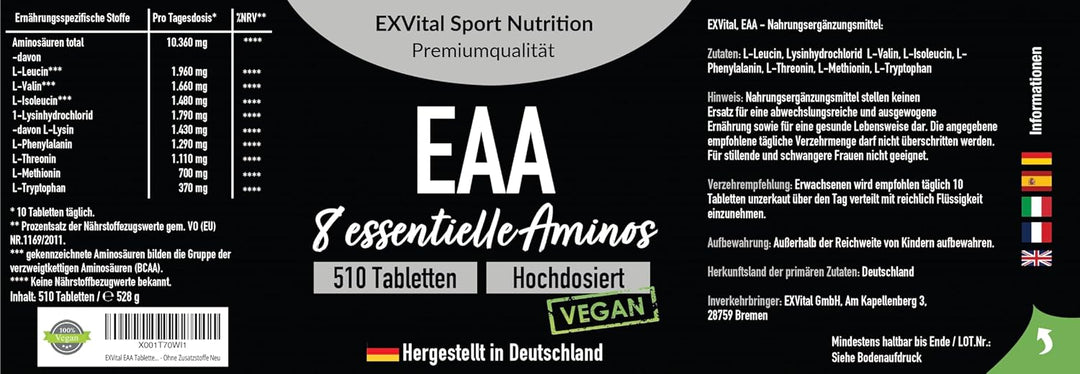EAA Tabletten mit je 1036 mg, 510 Stück mit 8 essentiellen Aminosäuren