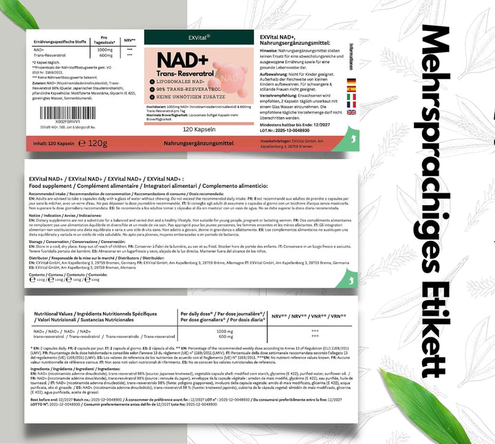 NAD+ Kapseln, hochdosiert 1000mg NAD+ &amp; 600mg Trans-Resveratrol pro Tag, 120 Stück von EXVital