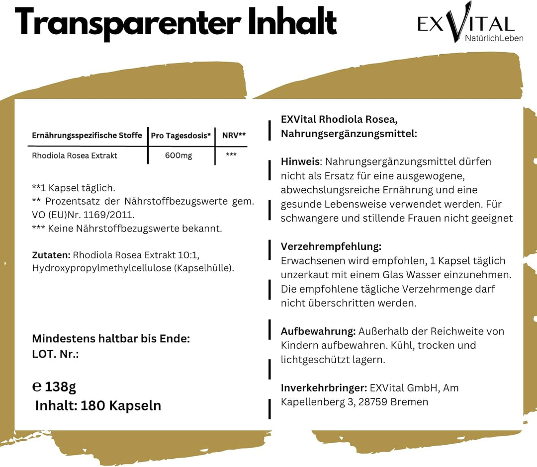 Rhodiola Rosea, hochdosiert 6000mg Tagesdosis, 180 vegane Kapseln von EXVital