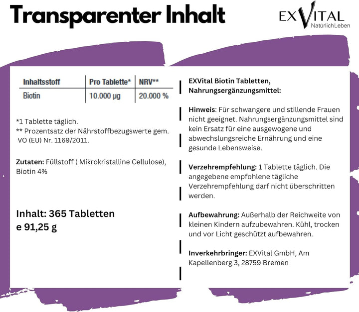 Biotin für Haare, Haut und Fingernägel hochdosiert von EXVital, 365 Tabletten
