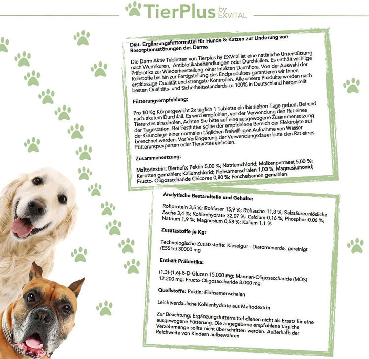 TierPlus Darm Aktiv Tabletten für Hunde &amp; Katzen, Präbiotika Komplex von EXVital