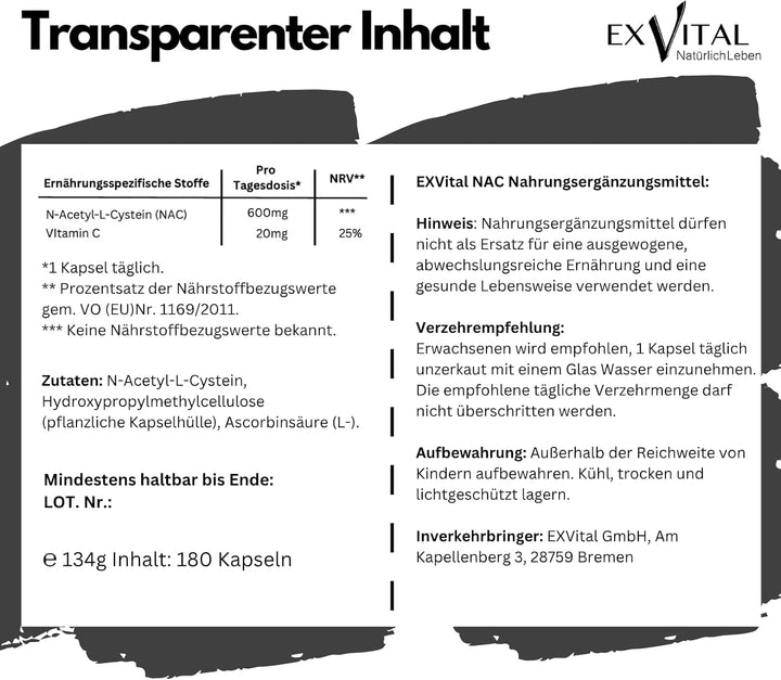 NAC Kapseln, hochdosiert mit 600mg pro Kapsel, 180 Stück von Exvital