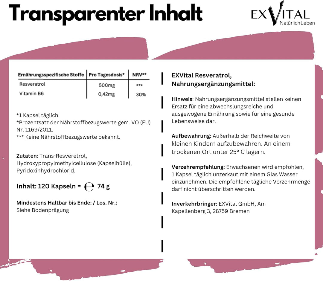 Resveratrol Kapseln, 500mg pro Kapsel, vegan von EXVital