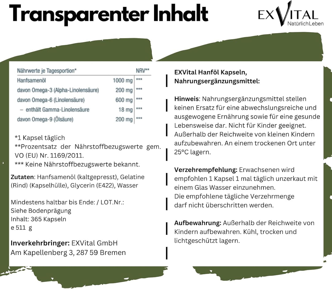 Hanföl Kapseln hochdosiert mit 1000mg Hanfsamenöl, Omega 3 und Omega 6