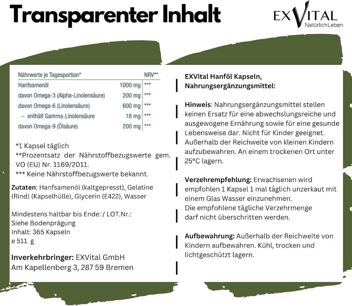 Hanföl Kapseln hochdosiert mit 1000mg Hanfsamenöl, Omega 3 und Omega 6