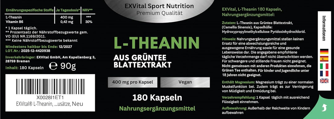 L-Theanin Kapseln, 400mg aus Grüntee Blattextrakt von EXVital