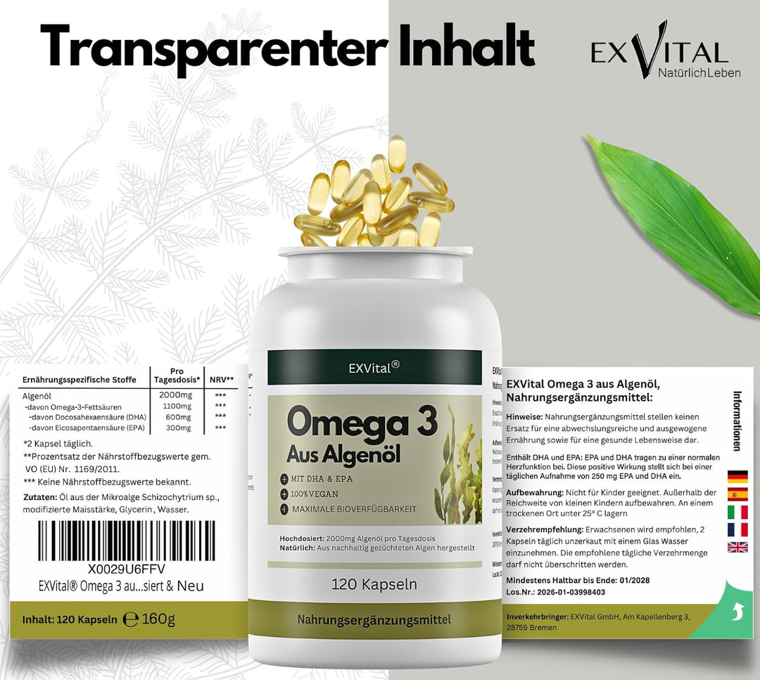 Omega 3 aus Algenöl, 120 Softgel Kapseln, 2000mg pro Tag von EXVital
