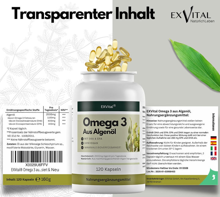 Omega 3 aus Algenöl, 120 Softgel Kapseln, 2000mg pro Tag von EXVital