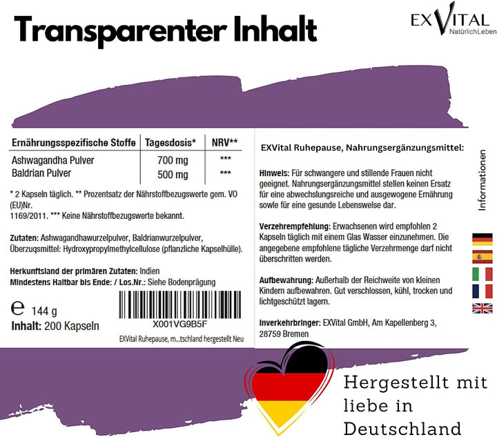 Ruhepause, mit Baldrian &amp; Ashwagandha, 200 hochdosierte Kapseln von EXVital