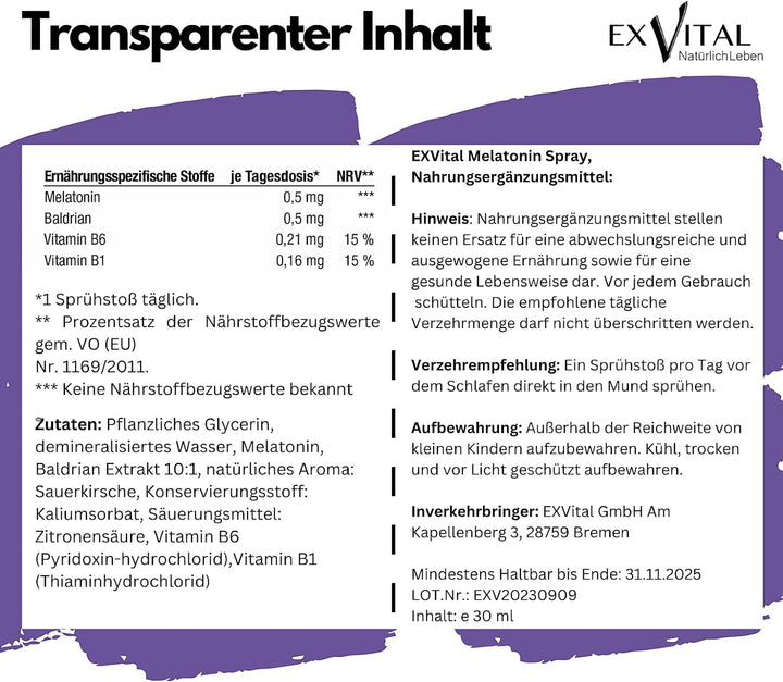 Melatonin Schlafspray mit Baldrian, Vitamin B1+ B6 30 ml Sprühflasche