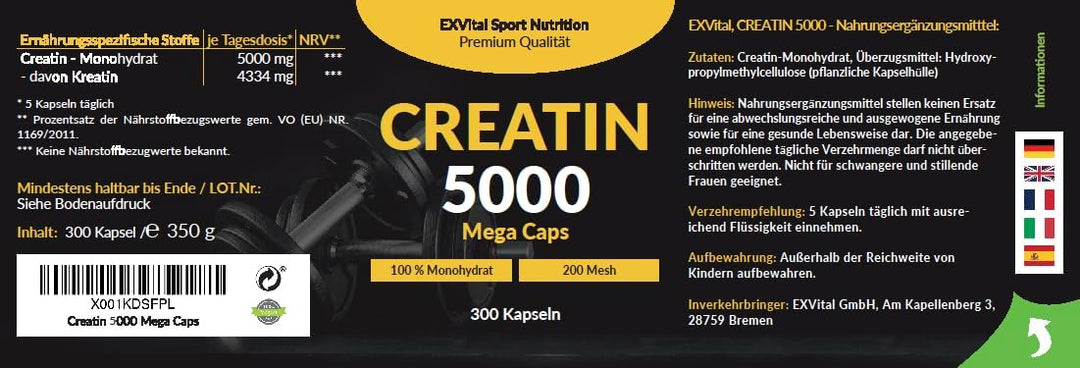 Creatin 5000 Monohydrat von EXVital Sport Nutrition, 300 Kapseln