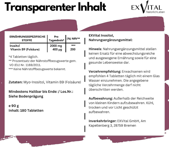 Inositol mit Folsäure 180 Tabletten von EXVital