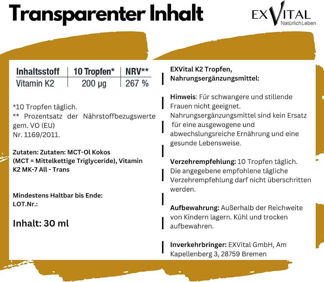 Vitamin K2 - Menaquinon MK-7 all-trans-Vitamin hochdosiert von EXVital, 30ml Tropfen