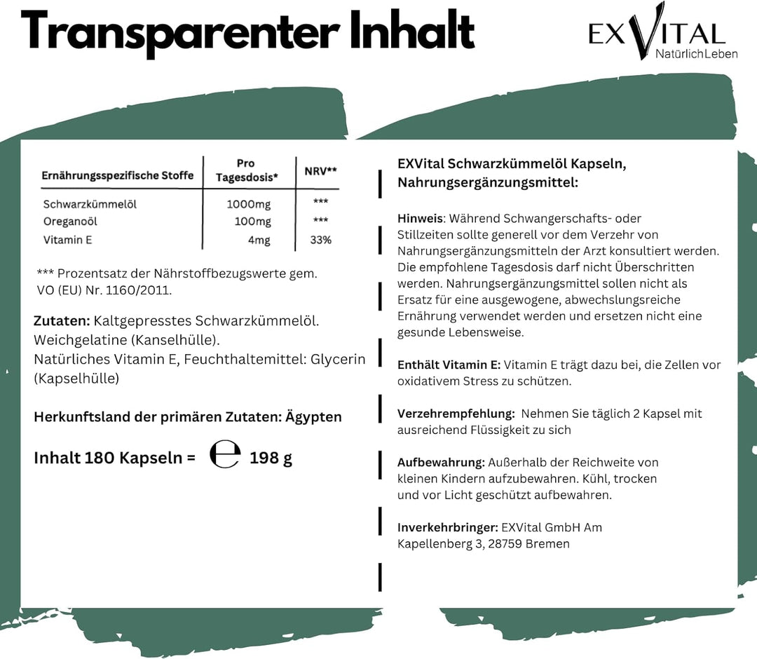 Oregano- Schwarzkümmelöl Komplex, 180 vegane Kapseln von EXVital