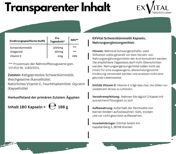 Oregano- Schwarzkümmelöl Komplex, 180 vegane Kapseln von EXVital