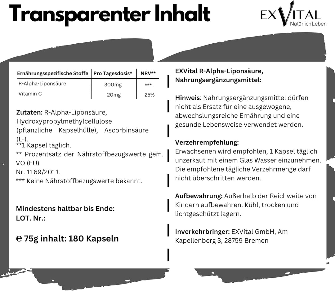 R-Alpha-Liponsäure 180 Kapseln, 300mg von EXVital