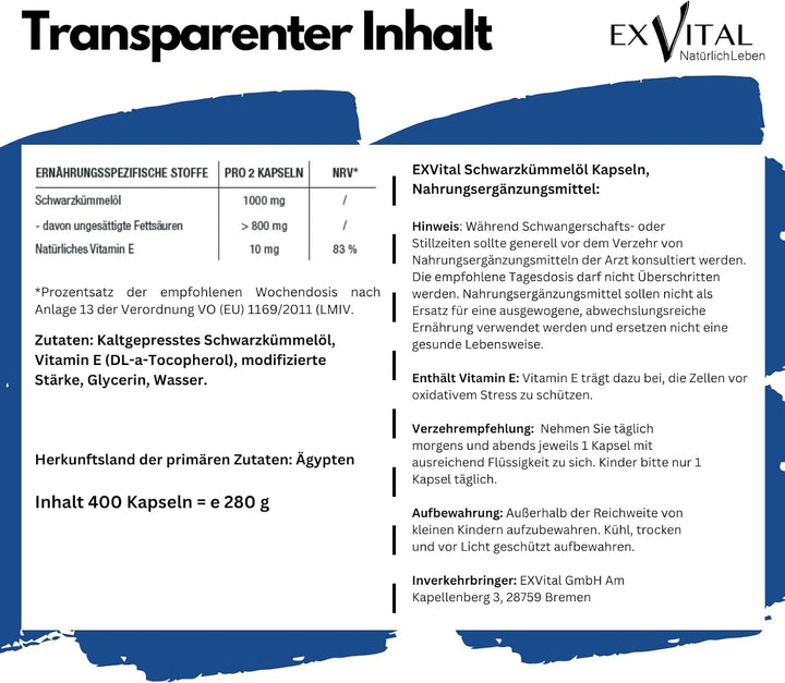Schwarzkümmelöl, aus ägyptischen Anbau von EXVital, 400 Softgel Kapseln