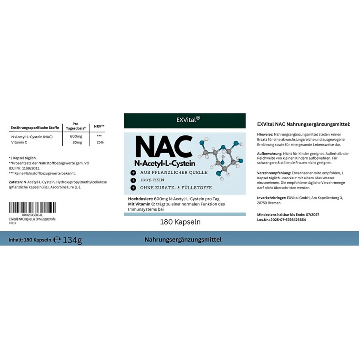 NAC Kapseln, hochdosiert mit 600mg pro Kapsel, 180 Stück von Exvital