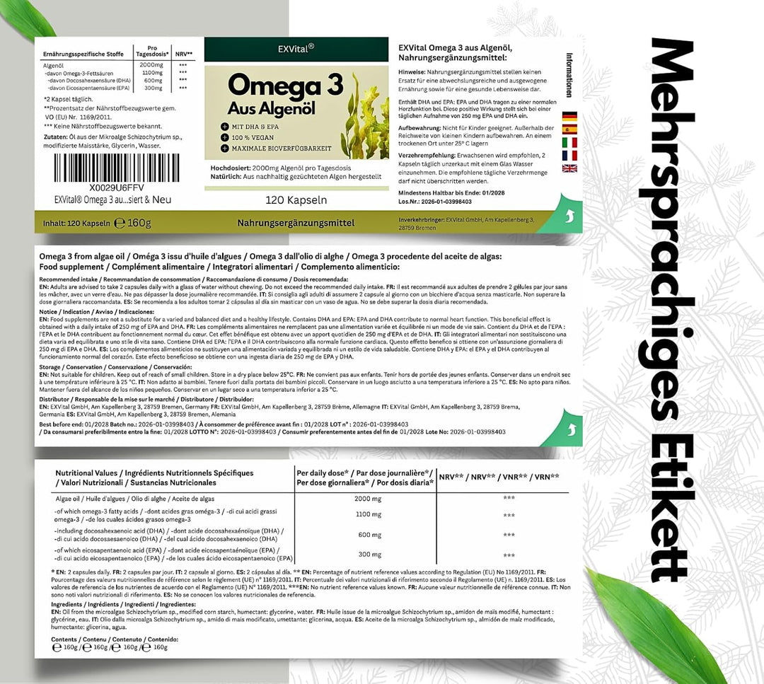 Omega 3 aus Algenöl, 120 Softgel Kapseln, 2000mg pro Tag von EXVital