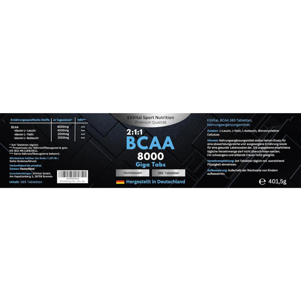 BCAA 8000 Giga Tabs, 365 Tabletten Amino Komplex von EXVital