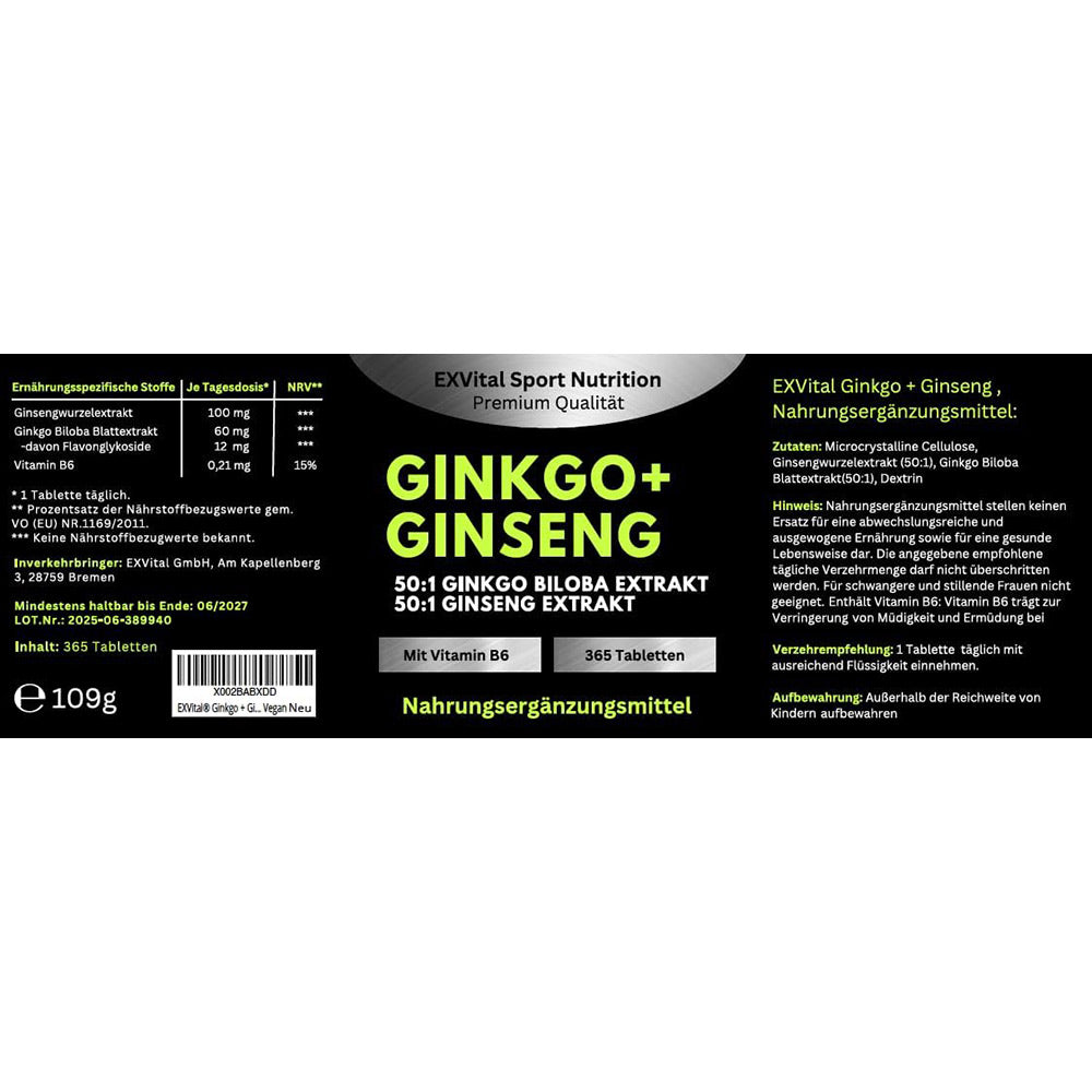 Ginkgo Biloba, Koreanischer Ginseng 365 Tabletten von EXVital