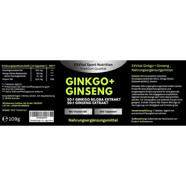 Ginkgo Biloba, Koreanischer Ginseng 365 Tabletten von EXVital