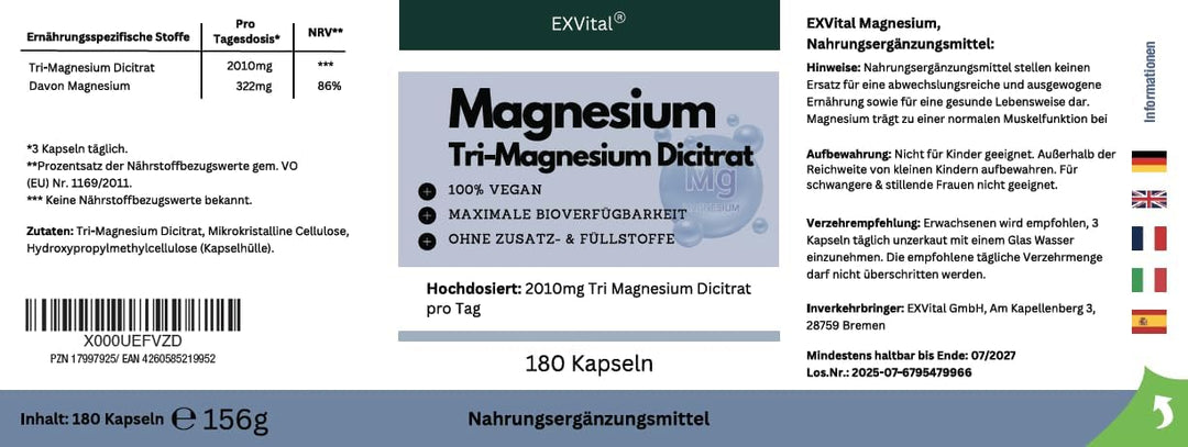 Tri-Magnesium Dicitrat hoch konzentriert von EXVital, 180 Kapseln