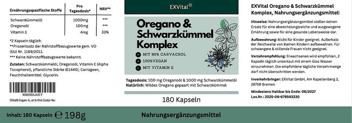 Oregano- Schwarzkümmelöl Komplex, 180 vegane Kapseln von EXVital