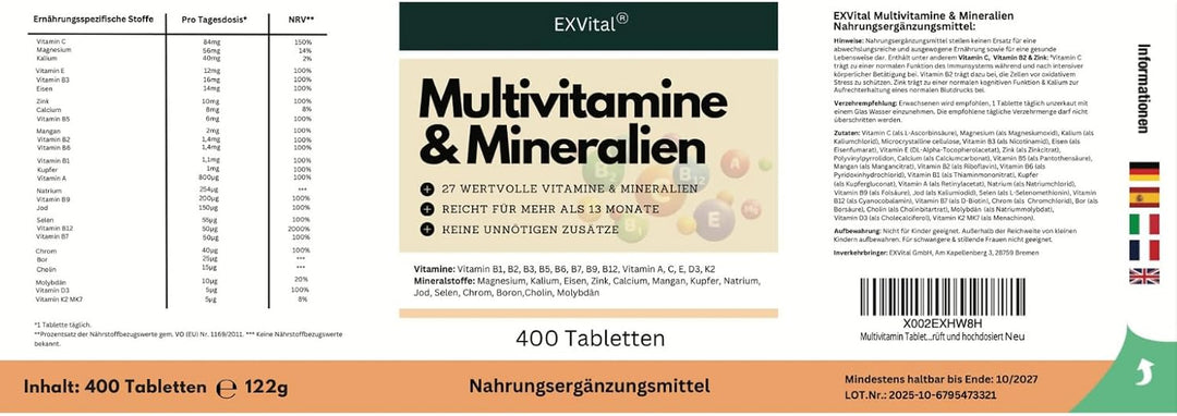 Multivitamin Tabletten, 27 Vitamine &amp; Mineralien, 400 Stück von EXVital