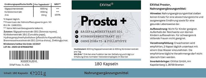 Prosta+ Kapseln mit Sägepalmen-, Kürbiskernextrakt &amp; Zink, 180 Stück von EXVital